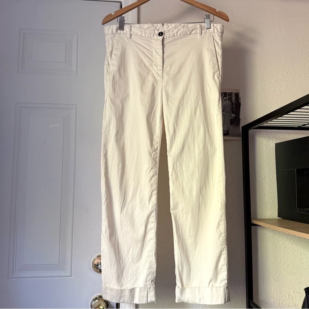 NINE IN THE MORNING off white lyocell‎ cotton cuffed hem cropped slim straight